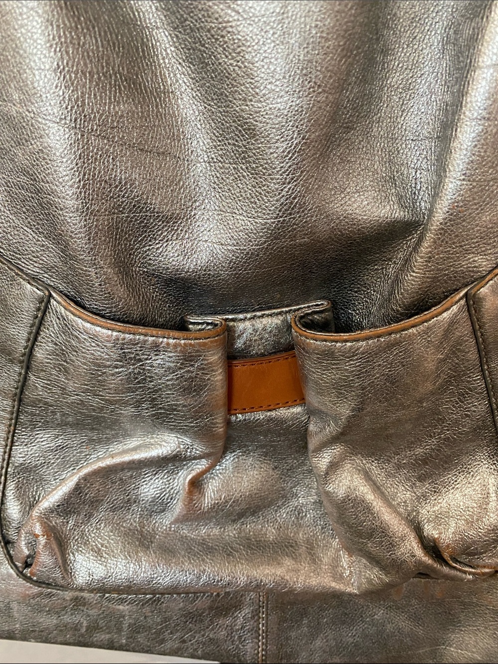 Botkier Metallic Silver Hobo Shoulder Bag with Brown Trim - Picture 6 of 10